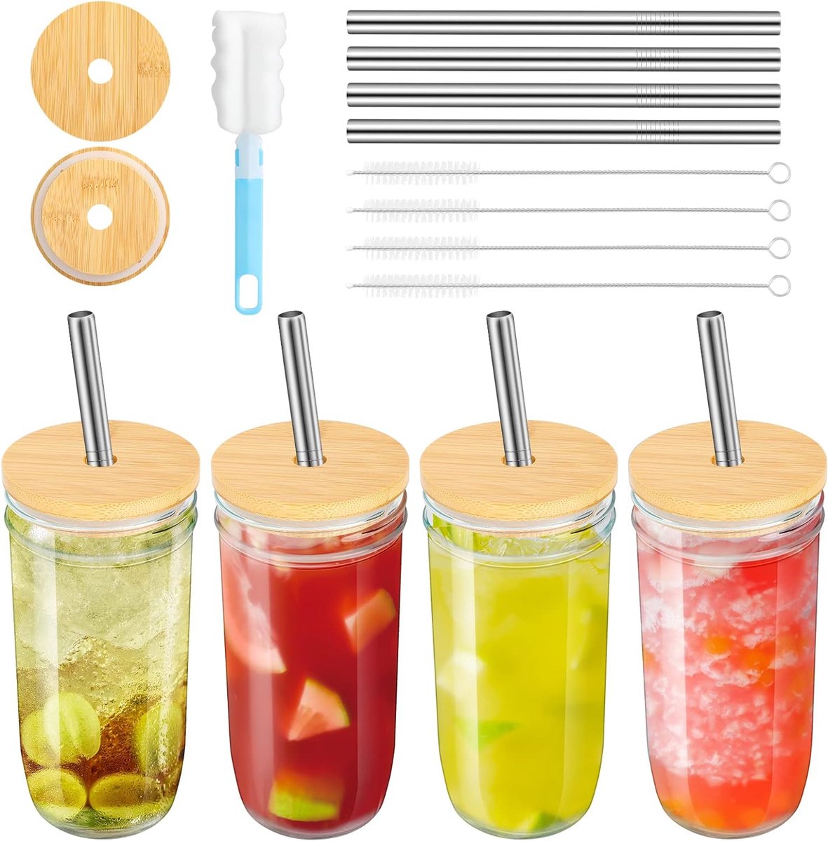 Tebery Lot De 4 Gobelets En Verre Côtelé Avec Paille En Verre