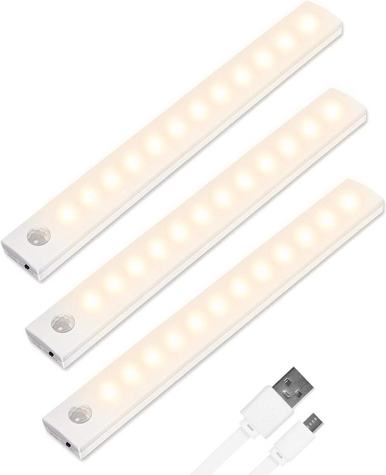 Set Éclairage d'armoire automatique à 12 LED sans fil avec détecteur de mouvement - Veilleuses USB rechargeables avec bande magnétique - Perfect pour armoire, escaliers, chambre à coucher