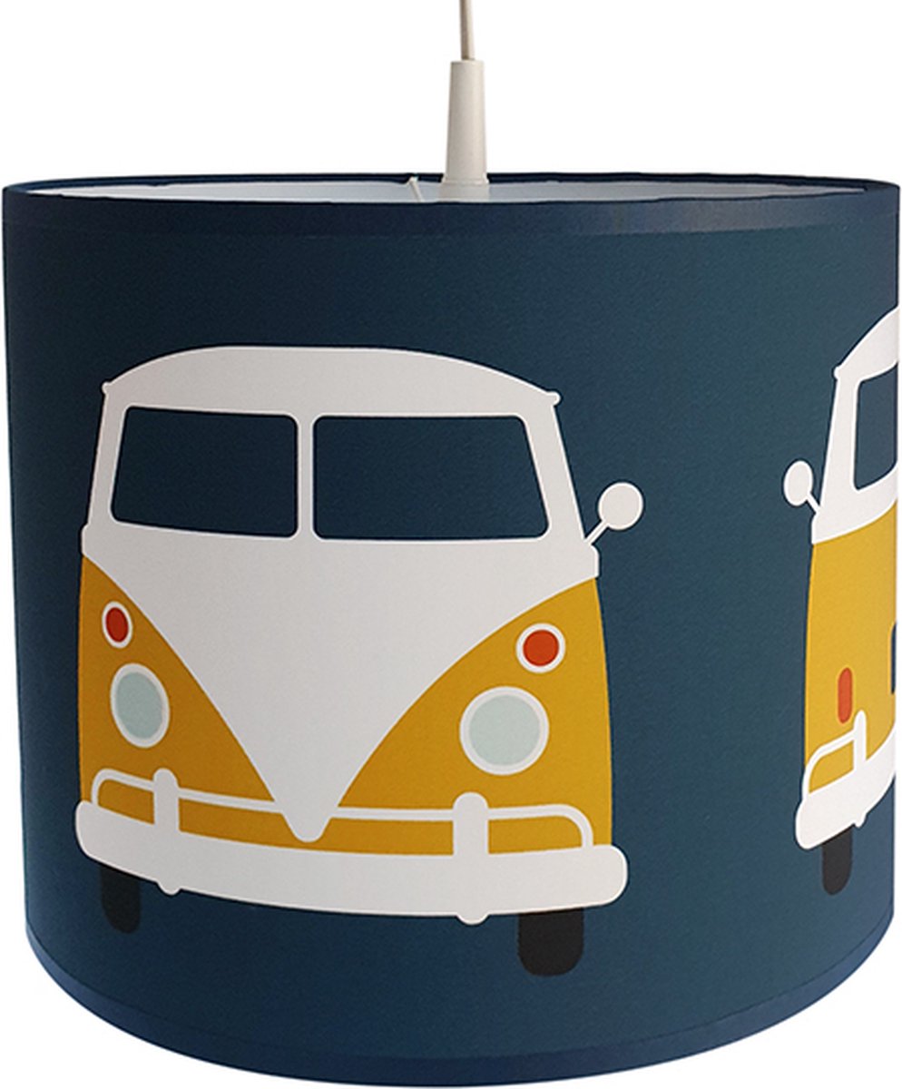 Hanglamp Busje donker blauw met de busjes in oker geel jongenskamer Verlichting diameter 30cm met pendel voor kinderkamer