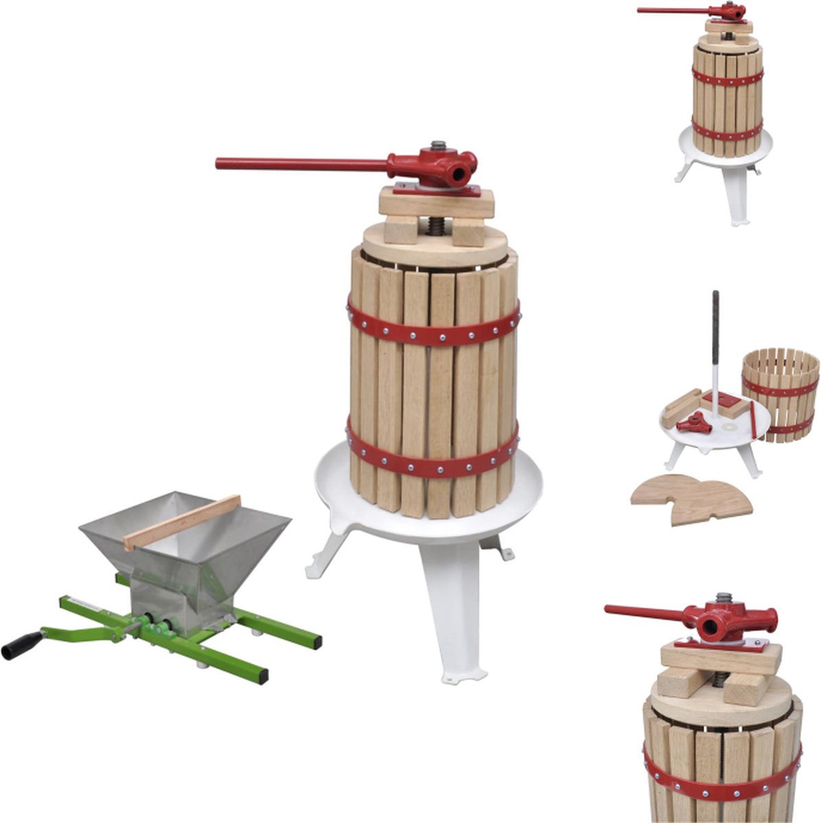 VidaXL Fruitpersset Massief eikenhouten vat Gietijzeren hardware Inhoud 6L Stalen stamper Afmetingen 275 x 560 mm Citruspers (handmatig)