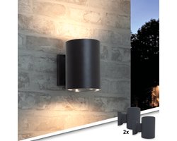 RexTech Solar wandlamp buiten 'Sverre' rond - Voordeelset van 2 stuks - Up down light - Warm wit licht - Zwart
