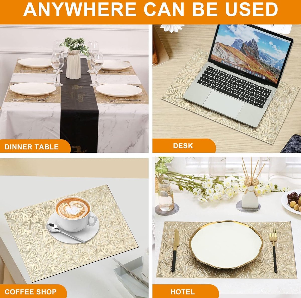 Chemin De Table Doré PVC Lavables - Lot De 6 - Antidérapants Et Résistants à La Chaleur Sets De Table