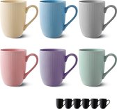 Koffiekopjes set van 6 moderne kleurrijke pastelkleuren - uniek strepenpatroon - mat keramiek - magnetronbestendig - vaatwasmachinebestendig & comfortabele grip