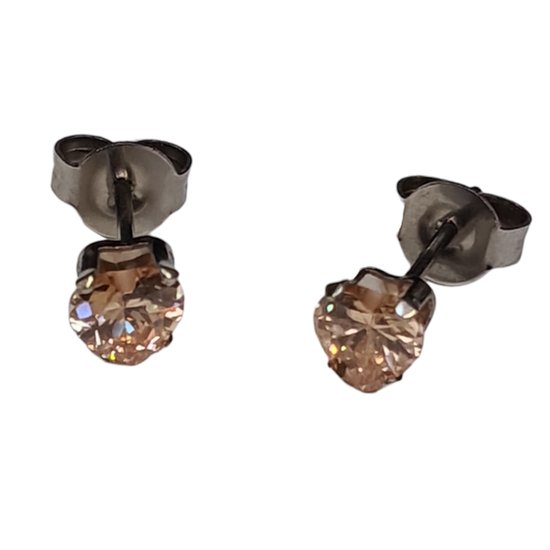 Aramat jewels ® - Hartjes oorbellen zweerknopjes champagne zirkonia chirurgisch staal 5mm
