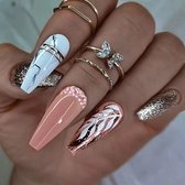 Press On Nails - Nep Nagels - Roze - Goud - Marble - Wit - Coffin - Manicure - Plak Nagels - Kunstnagels Nailart - Zelfklevend