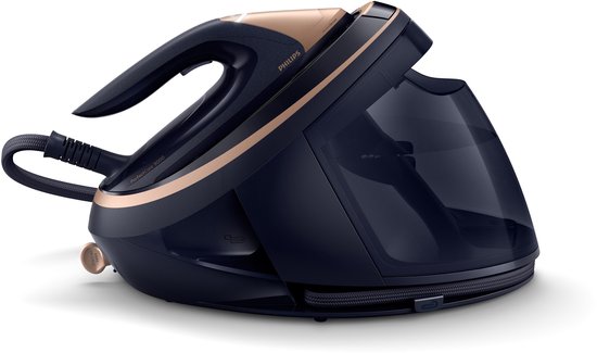 Zwart en brons Philips PerfectCare 9000 Series stoomstrijkijzer met een transparante watertank aan de rechterkant.
