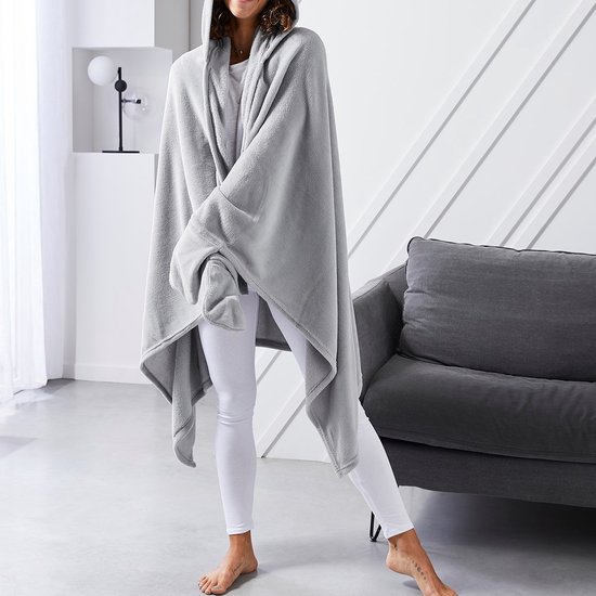 Hoodie fleece plaid deken met extra stuk voor warme handen - bespaar energie met deze plaid - kleur grijs