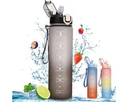 DiverseGoods Drinkfles, 1 liter, waterfles met tijdmarkeringen en rietje, lekvrij, BPA-vrij, sportdrinkfles voor school, fiets, buiten, reizen, yoga, fitness (zwart)