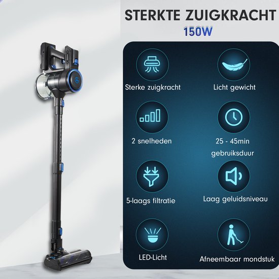 Zwarte steelstofzuiger met blauwe details en transparante stofcontainer. Iconen tonen: sterke zuigkracht 150W, licht gewicht, 2 snelheden, 25-45 min gebruik, 5-laags filtratie, laag geluidsniveau, LED-licht, afneembaar mondstuk.