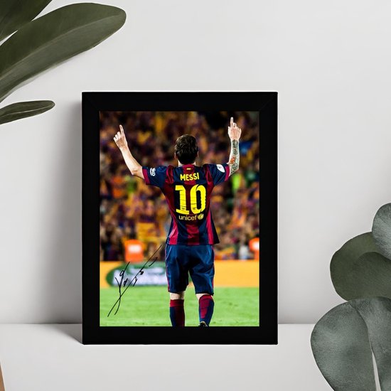 Lionel Messi Art - Signature imprimée - 10 x 15 cm - Dans un cadre Zwart Classique - FC Barcelona - Photo encadrée - Argentine - Paris Saint Germain - Inter Miami - Chèvre du Football