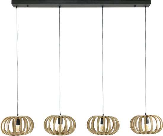 Lampe suspendue Stripes en manguier massif | 4 lumières | naturel / noir | 30x160x150cm | lampe de table à manger | salle à manger salon | design industriel/naturel