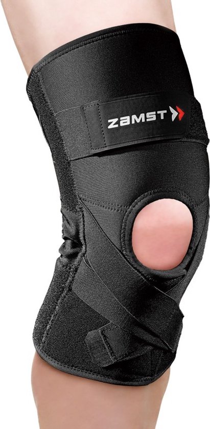 Zwarte kniebrace met opening voor de knieschijf, verstelbare klittenbandsluitingen en X-banden.