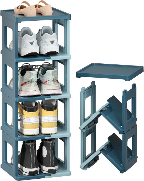 Schoenenrek, 5 niveaus, schoenenrek, smal schoenenrek, schoenenkast, ruimtebesparend, stapelbaar, schoenenrek, upgradeformaat, schoenenopberger, stevige plank (donkerblauw en lichtblauw)