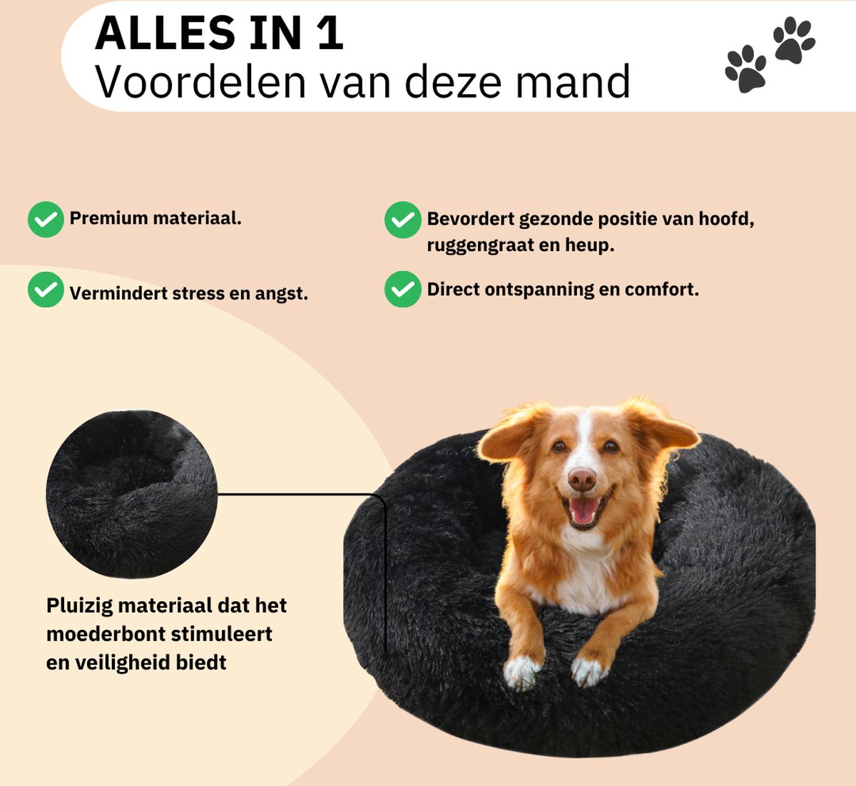 Donut Hondenmand - Kattenmand - Maat S - 50cm (ligvlak van 35cm) - Zwart - Fluffy en Wasbaar thumbnail 3