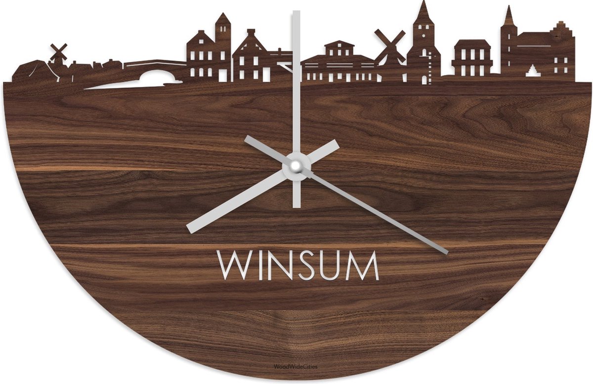 Skyline Klok Winsum Notenhout - Ø 40 cm - Stil uurwerk - Wanddecoratie - Meer steden beschikbaar - Woonkamer idee - Woondecoratie - City Art - Steden kunst - Cadeau voor hem - Cadeau voor haar - Jubileum - Trouwerij - Housewarming - WoodWideCities