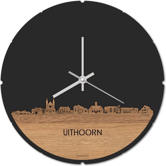 Skyline Klok Rond Uithoorn Eikenhout - Ø 44 cm - Stil uurwerk - Wanddecoratie - Meer steden beschikbaar - Woonkamer idee - Woondecoratie - City Art - Steden kunst - Cadeau voor hem - Cadeau voor haar - Jubileum - Trouwerij - Housewarming -