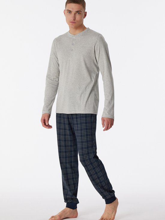 SCHIESSER Fine Interlock pyjamaset - heren pyjama lang interlock manchetten knoopsluiting geruit grijs-melange - Maat: 6XL