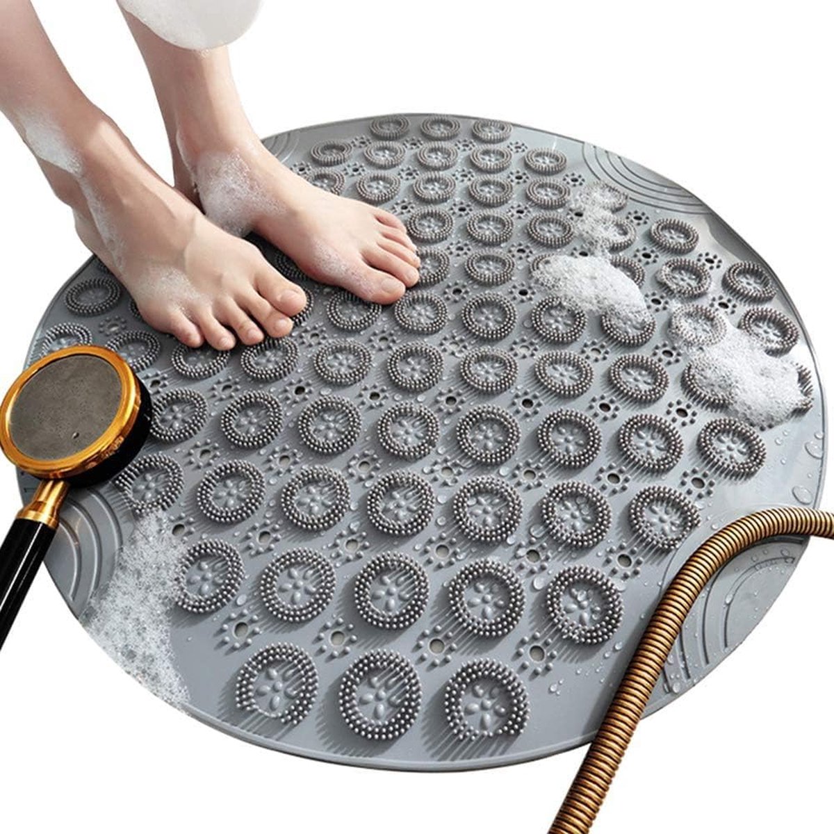 Badmat, antislip, ronde douchematten, schimmelbestendige badmatten met zuignappen, gestructureerde rubberen badmat met afvoergat voor badkamer-/toiletvloeren (grijs)