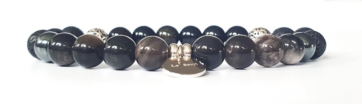 La Savri - Armband/Bracelet - 925 Sterling Silver - Black Lavastones - Black/Obsidian Gemstones