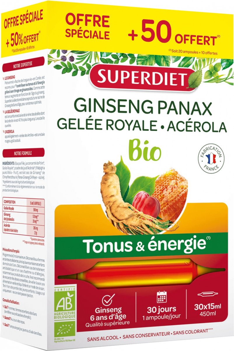 Goedkoopste Superdiet Ginseng Royal Jelly en Acerola Organic 20 Ampullen 10 Gratis Ampullen