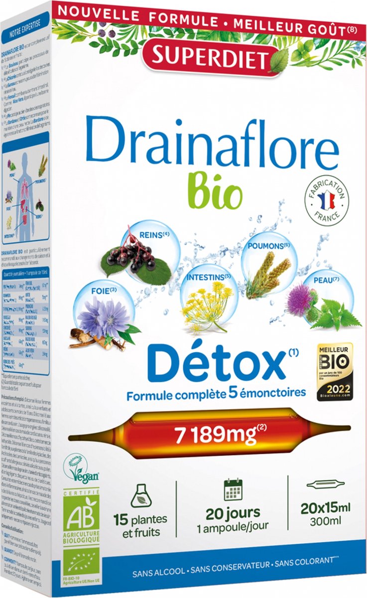 Goedkoopste Superdiet Drainaflore Organic Detox 20 Ampullen