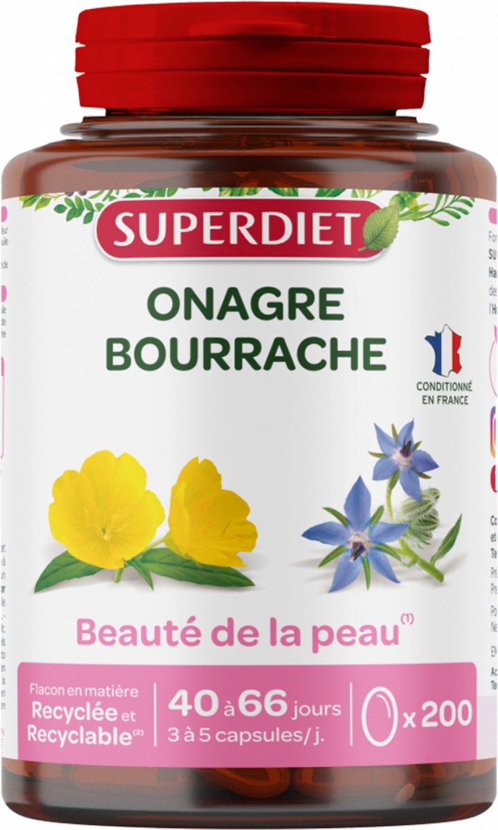 Goedkoopste Super Diet Biologische Teunisbloem - Bernagie Oliën - Ondersteunt Huid - Verbetert elasticiteit - 200 capsules