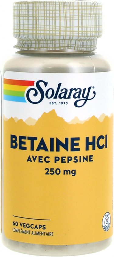 Foto: Solaray betaine hcl met pepsine 250 mg 60 plantaardige capsules