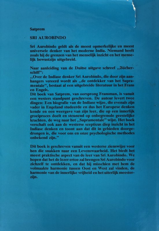 Achterkant van het boek "Sri Aurobindo of het avontuur van het bewustzijn" met tekst over de inhoud.