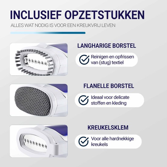 BrightLife Kledingstomer - Handstomer - Stoomapparaat kleding - 3 opzetstukken - Stoomreiniger - Snelle opwarmtijd - 1600W - 250ml - Blauw/wit