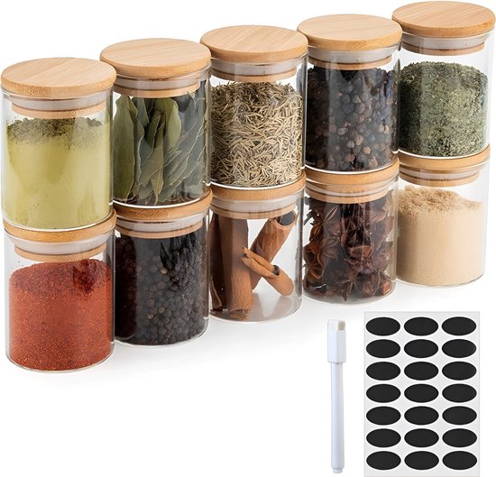 Quality Needz - Pots d'herbes aromatiques - 250 ML - Glas avec couvercle - Pots de Bocaux de conservation - Ensemble de 10 pièces - Pots de Bidons alimentaires - Sans BPA - Stylo gratuit et Autocollants réinscriptibles