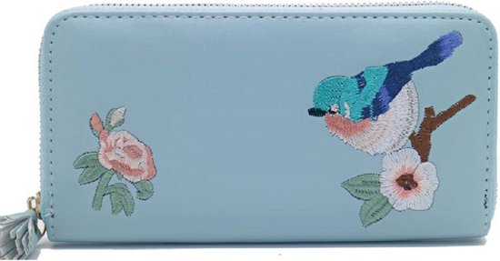 Portemonnee Dames - Geborduurd Kunstleer - Ritssluiting - 20x11x2,5 cm - Blauw