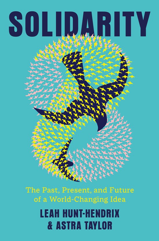 Couverture de livre avec le titre SOLIDARITE en grandes lettres bleues. Formé par des milliers de petites formes roses et jaunes ressemblant à des oiseaux, deux grands oiseaux sombres en plein vol. En dessous : 'The Past, Present, and Future of a World-Changing Idea' et les noms Leah Hunt-Hendrix & Astra Taylor.