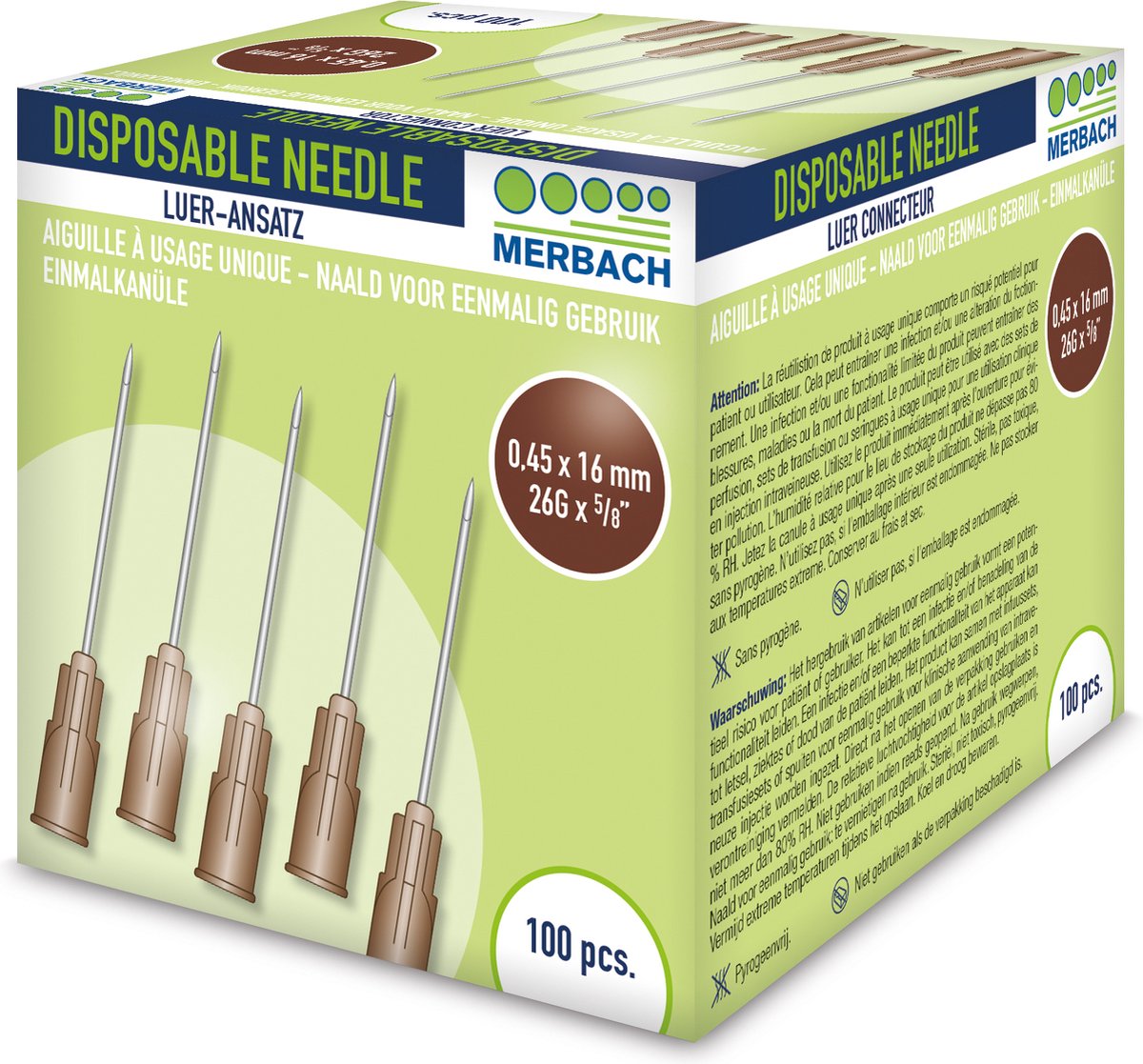 Goedkoopste Voordeelverpakking 2 X Merbach Injectienaalden 26 G x 5/8 - 16mm bruin 100 stuks