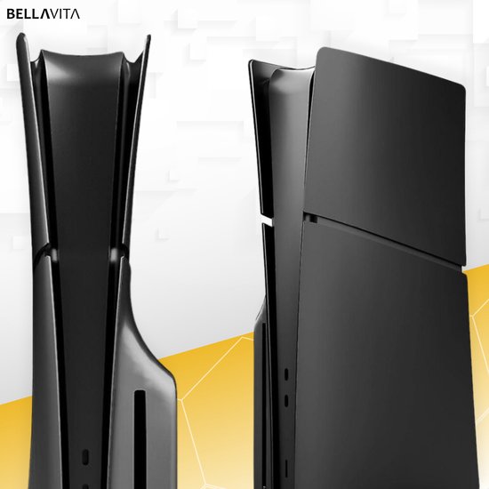 Profils latéraux de faceplates PS5 noires mates, soulignant leur forme profilée.