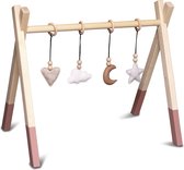 Houten babygym | Massief houten speelboog tipi vorm met natuur hangers - terra roze | toddie.nl