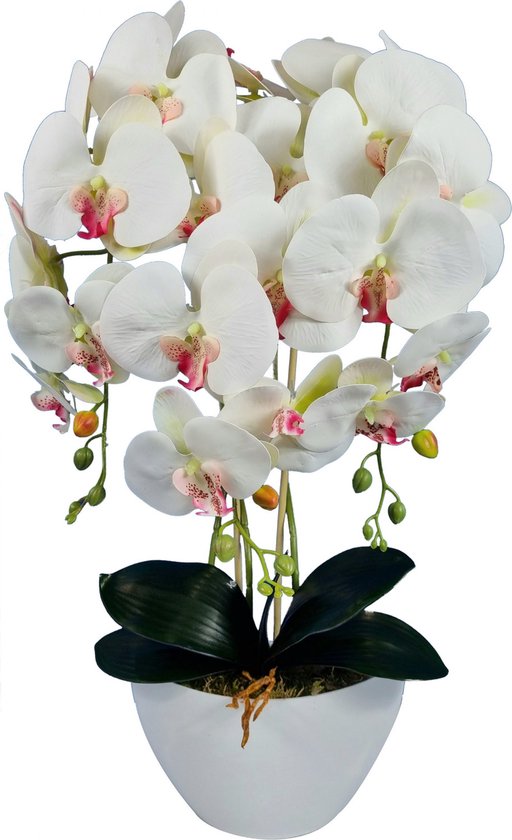 Damich - Kunst Orchidee in Bloempot met 3 stelen - Hoogte 60cm - Wit met roze