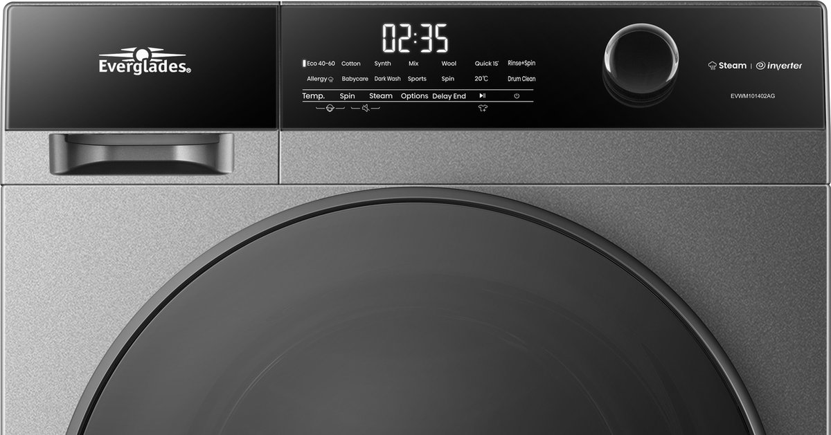 Everglades EVWM101402AG Zuinige Wasmachine - 10KG - A Klasse - Stoomfuncties - Koolborstelloze Motor - Zeer Stil 72dB - Titanium Grijs - 5 Jaar Garantie — afbeelding 4