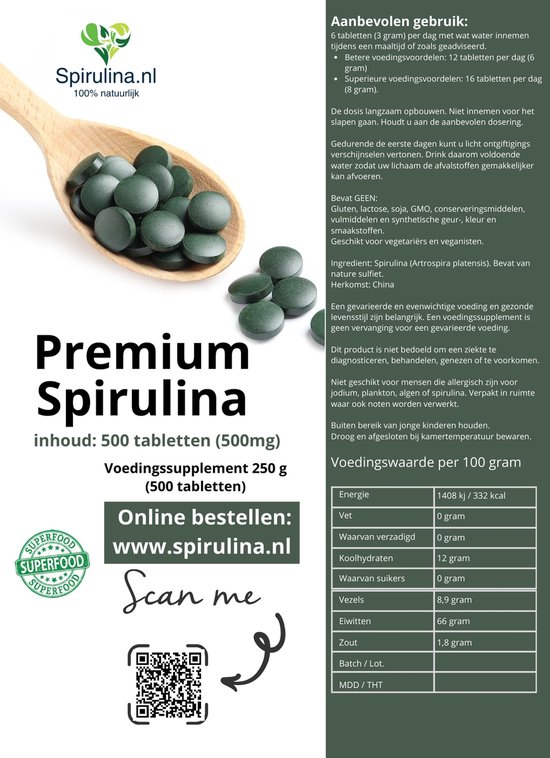 Spirulina.nl - spirulina tabletten 500mg - 500 tabletten