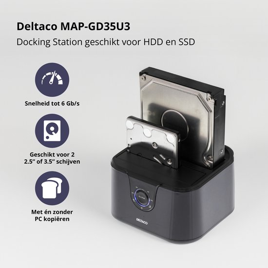 Deltaco MAP-GD35U3 - Docking Station - HDD/SSD - 2x 2,5 of 2x 3,5 Inch SATA - USB 3.0 - LED - Zwart