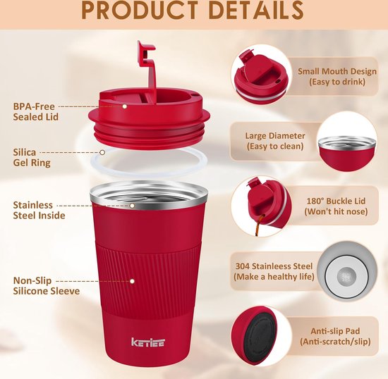 CS COSDDI Reismokken, geïsoleerde koffiekop met lekvrij deksel - herbruikbare koffiekopjes reizen - auto koffiekop - roestvrijstalen koffiemok voor warm en koud water (grijs, 380 ml