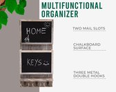 Rustic 2-Slot Mail Sorter Organizer for Wall with Chalkboard Surface & 3 Double Key Hooks - Wooden Wall Mount Mail Holder Organizer – Wall Décor for Entryway made of Paulownia Wood - Rustic White