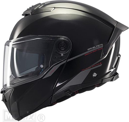Zwarte MT Atom 2 systeemhelm, zijaanzicht met doorzichtig vizier en ventilatieopeningen.