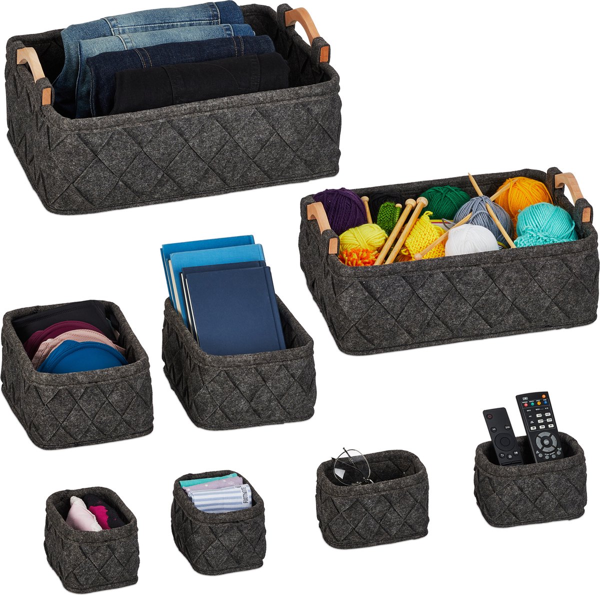 vilten manden - 8-delige set - 4 groottes - kledingkast organizer - ondergoed - donkergrijs
