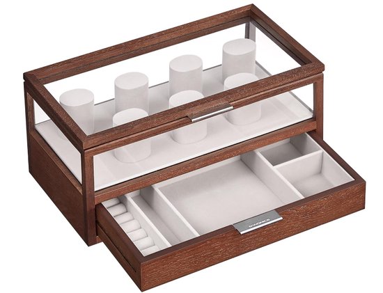 2-laags Horlogebox met Acryl Deksel - Horlogekast met 7 Horlogekussens - 1 Lade - Fluweelvoering - Geschenkidee voor je Geliefde - Koffiebruin - 18cm x 35.2cm x 16cm