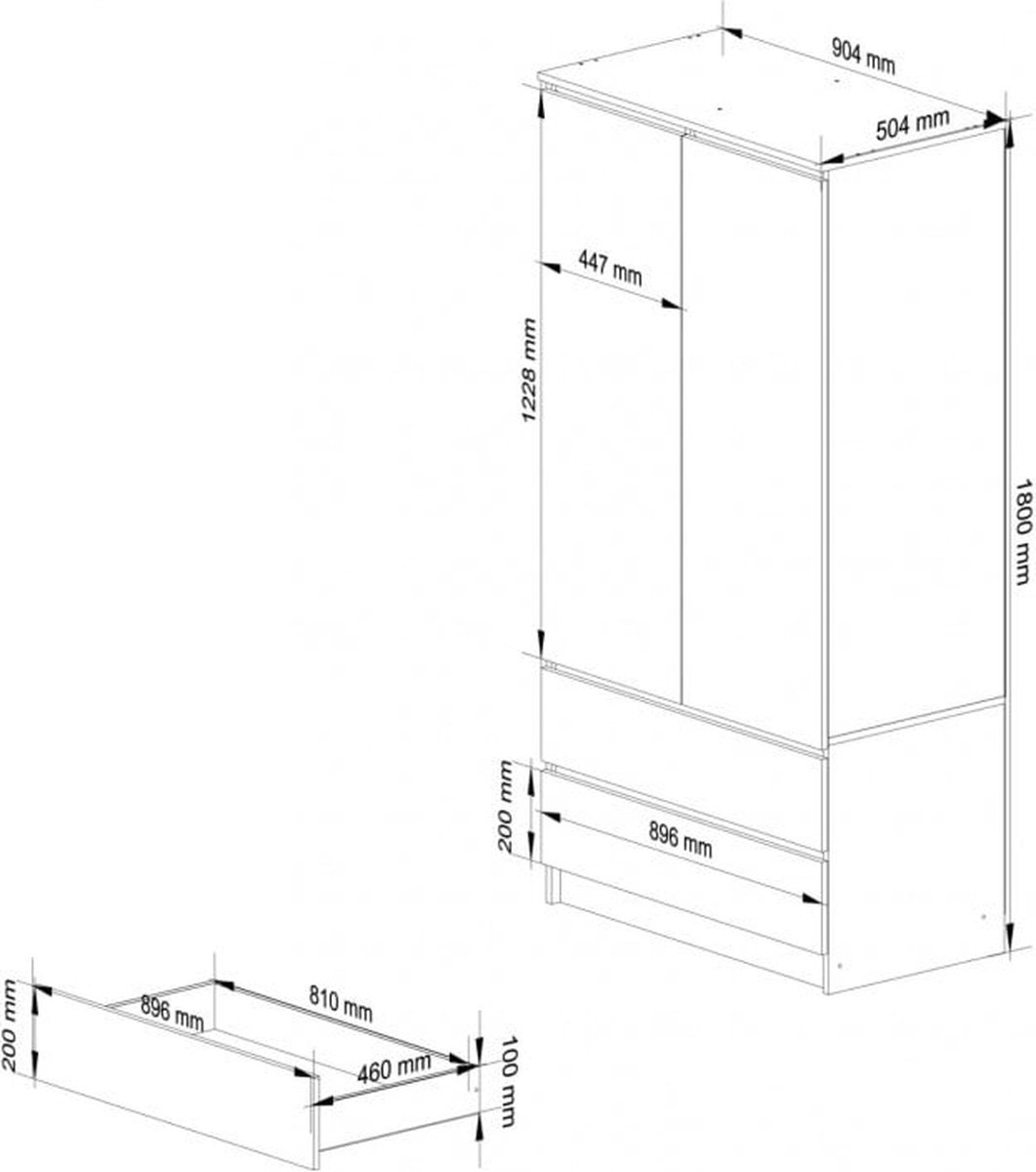 BDW kledingkast met spiegel 2 deuren 2 laden voor slaapkamer woonkamer hal 180x60x51 (wit), één maat