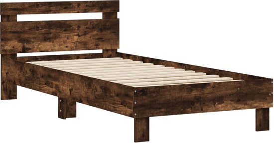 vidaXL - Bedframe - met - hoofdbord - bewerkt - hout - gerookt - eiken - 75x190 - cm