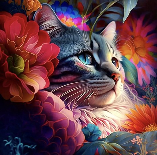Foto: Diamond painting bloemen kat 5d 40x40 complete set diamond painting volwassenen vierkante diamantjes 30 extra diamantjes