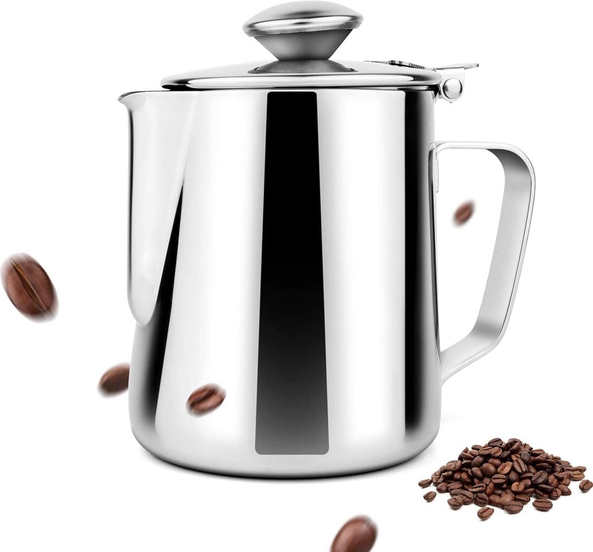 Melkkannetje roestvrij staal, schuimkannetje, melkschuimkannetje, koffiekannetje, opschuimer kannetje met deksel (1000 ml)