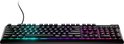 Zwart gaming toetsenbord met RGB verlichting, van opzij gezien.