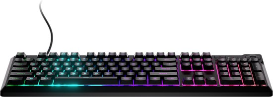 Zwart gaming toetsenbord met RGB verlichting, van opzij gezien.